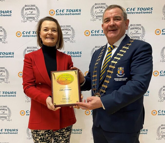 Cliffs of Moher Experience Director Geraldine Enright and Cathaoirleach of Clare County Council Tony O’Brien pictured at the annual CIE Tours International Awards of Excellence in Dublin where the Cliffs of Moher Experience won a Gold Award and the accolade of 'Best Visit' in Ireland.