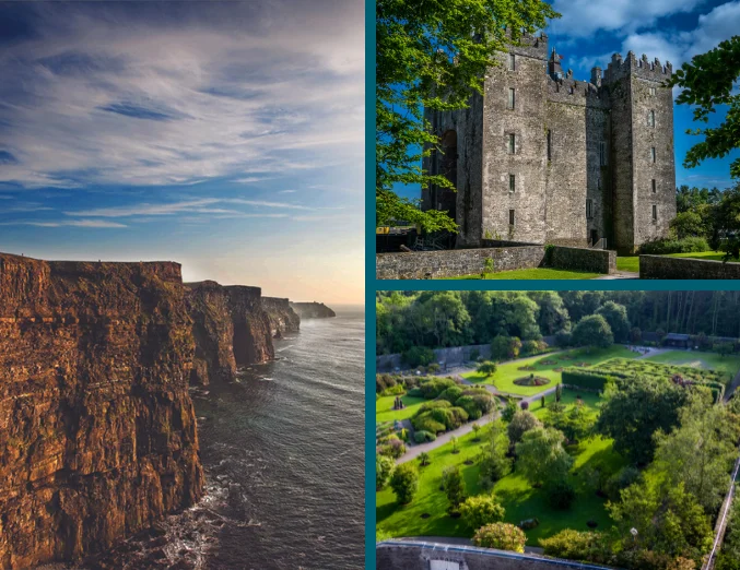 Cliffs Castles and Gardens Supporting Image. Image of Vandeleur Walled Garden and Visitor Centre, The Cliffs of Moher, and Bunratty Castle.