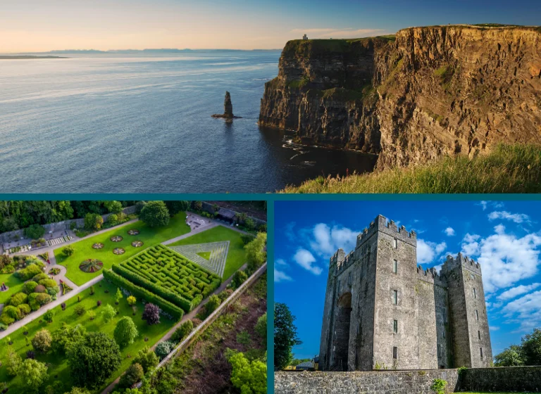 Cliffs Castles and Gardens Hero Image. Image of Vandeleur Walled Garden and Visitor Centre, The Cliffs of Moher, and Bunratty Castle.
