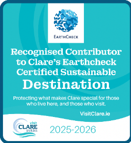An image of a "Recognised Contributor Badge" for EarthCheck. Reads: "Our business is recognised as a contributor to Clare's Sustainable Destination Certification through our achievement of a third-party sustainability certification 2025 - 2026.".